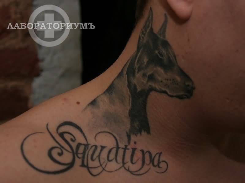 Squatina Doberman Tattoo On Side Neck