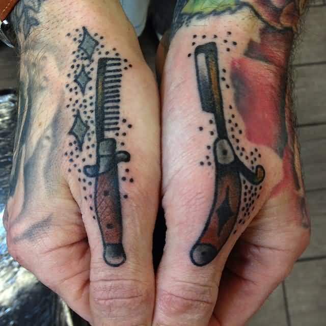 Straight Razor And Switchblade Hair Comb Tattoo On Both Thump