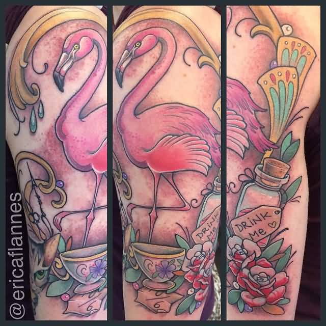 Stunning Colorful Flamingo With Red Roses And bottle With Tag Tattoo On Sleeve
