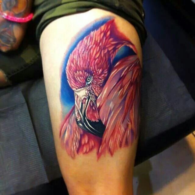 Stunning Red Flamingo With Blue Color Tattoo On Thigh