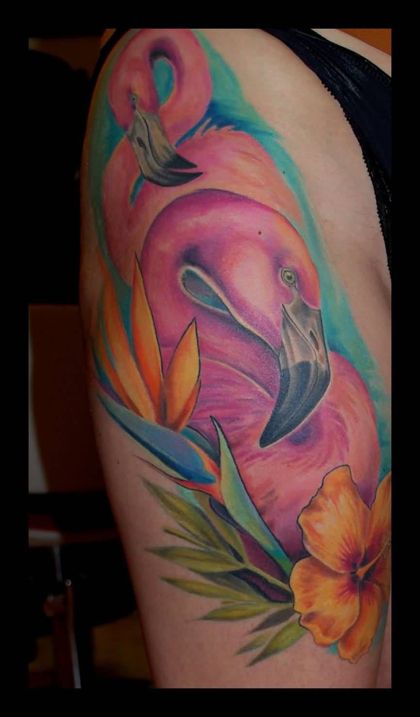 Stunning Traditional Flamingos With Yellow Flower Tattoo On Half Sleeve