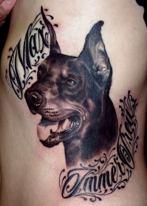 Superb Doberman Head with Lettering Tattoo