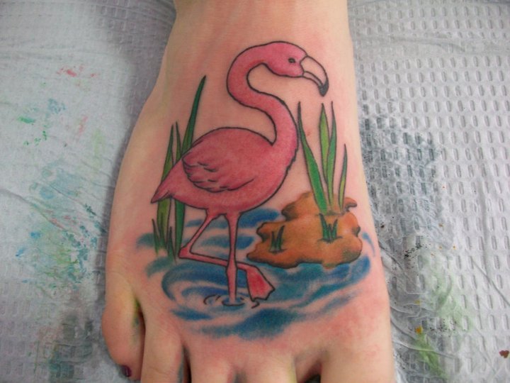 Superb Flamingo In Water Tattoo On Foot