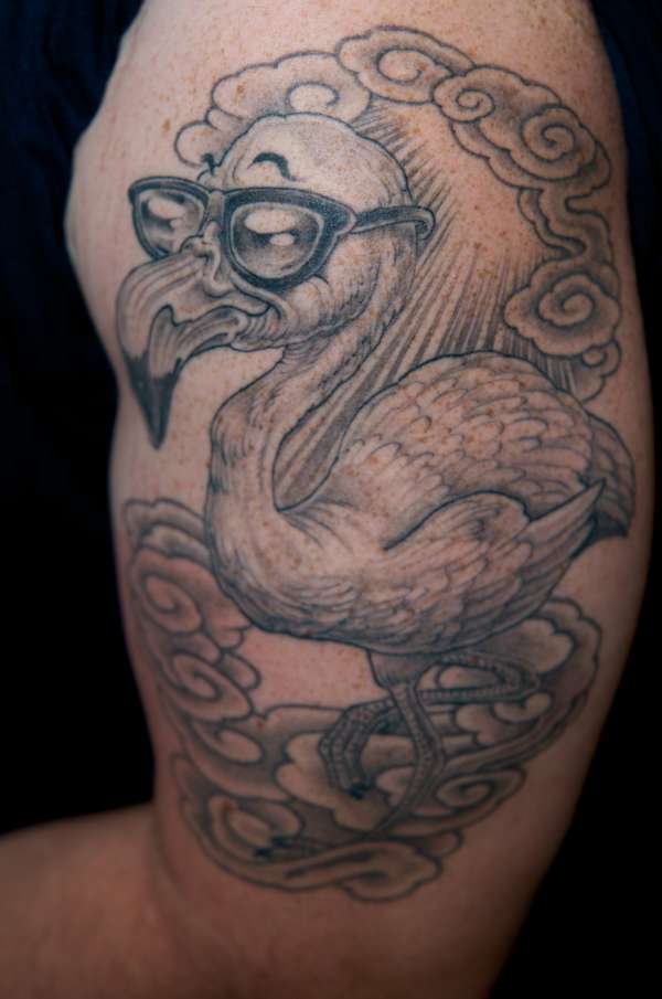 Superb Flamingo Wearing Googles And Clouds Tattoo On Half Sleeve