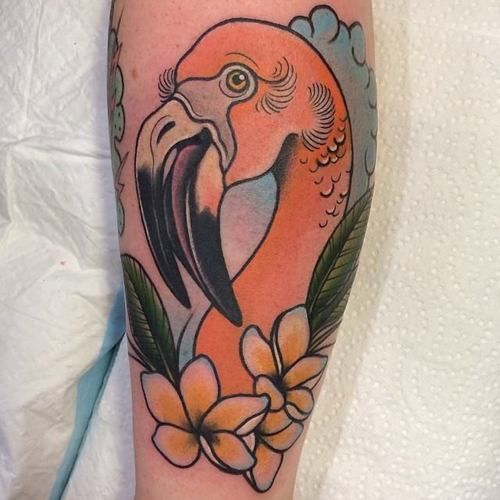 Sweet Flamingo With Flowers Tattoo By Clare Hampshire On Forearm