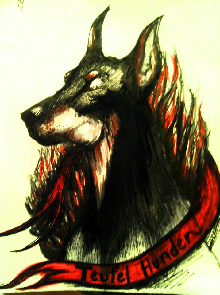 Terrific Doberman Face With Red Design Tattoo