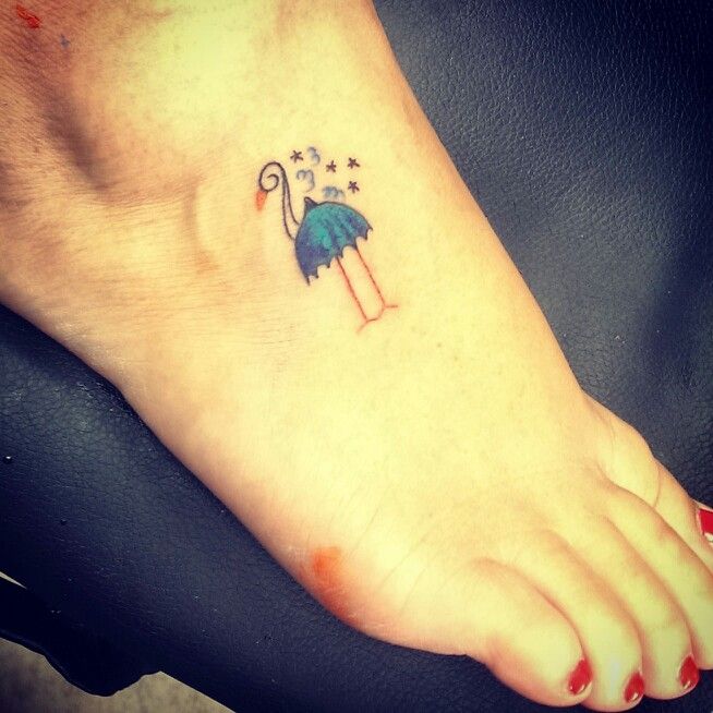 Tiny Flamingo Back In Umbrella Style With Stars Tattoo On Foot