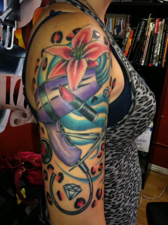 Traditional Blow Dryer With Red Flower And Diamond Tattoo On Half Sleeve