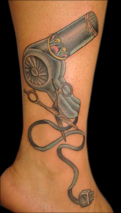 Traditional Blow Dryer With Scissor Tattoo On Leg And Foot