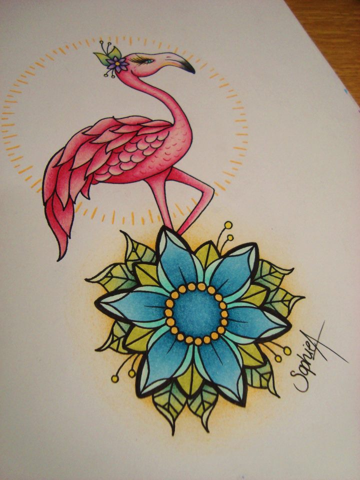 Traditional Flamingo With Blue Flower Tattoo Design