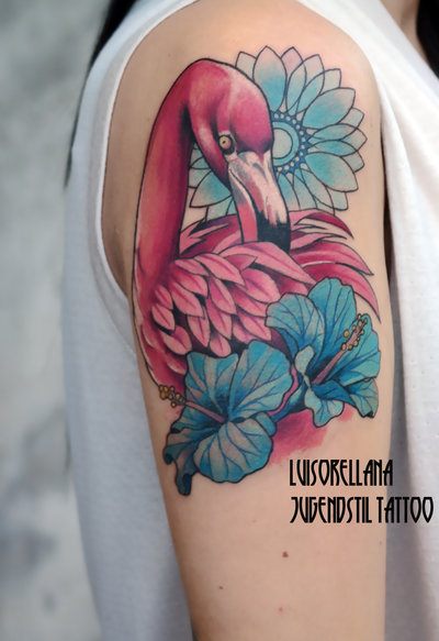 Traditional Flamingo With Blue Flowers Tattoo On Half Sleeve