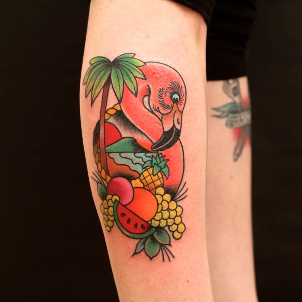 Traditional Flamingo With Fruits And Sunset With Palm Tree Tattoo