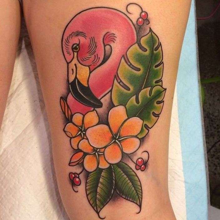 Traditional Flamingo With Yellow Flower And Leaves Tattoo