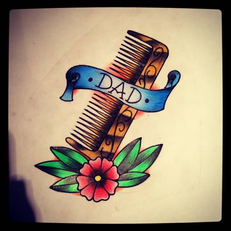 Traditional Hair Comb With Dad Banner And Flowers Tattoo Design