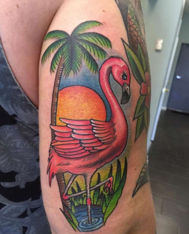 Tropical Sunset Flamingo Tattoo On Half Sleeve By LC