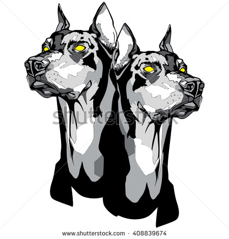 Two Doberman Heads With Yellow Eyes Tattoo Design