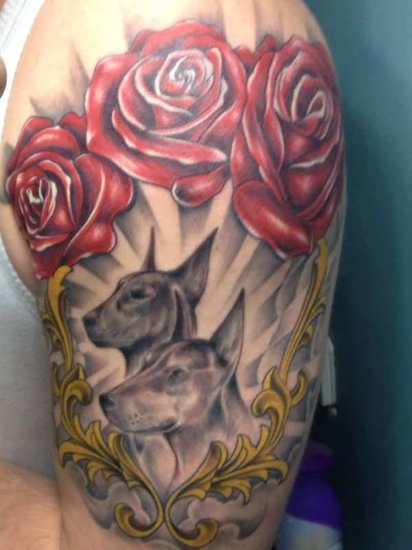 Two Dobermans Head With Red Rose In Nice Frame On Half Sleeve