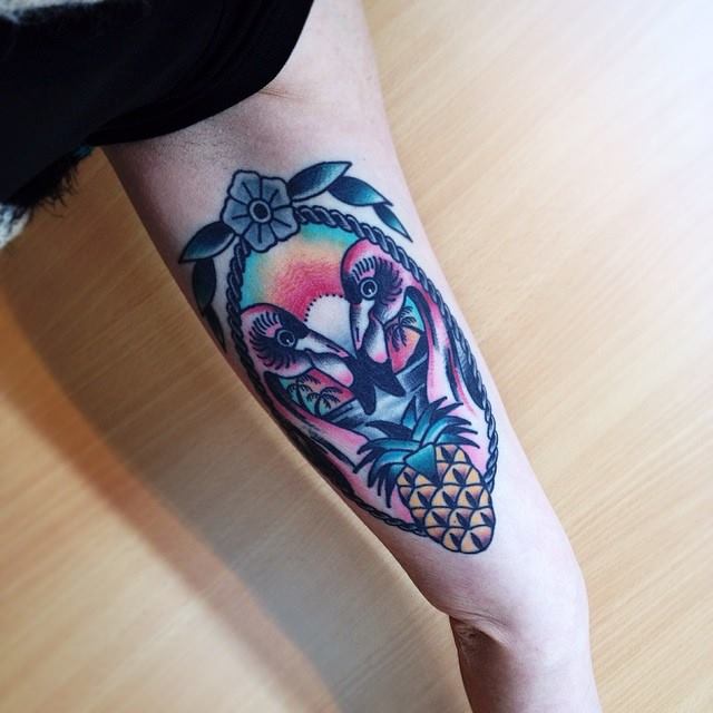 Two Flamingo Head With Pineapple In Frame Tattoo On Half Sleeve