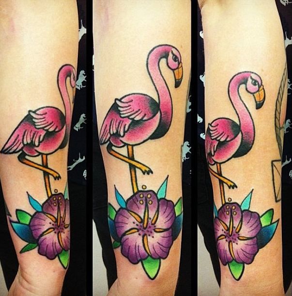 Very Beautiful Flamingo With Purple Flower Tattoo On Forearm