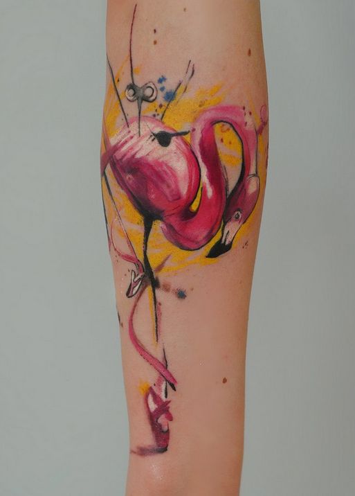 Very Creative Watercolor Flamingo Tattoo On Forearm