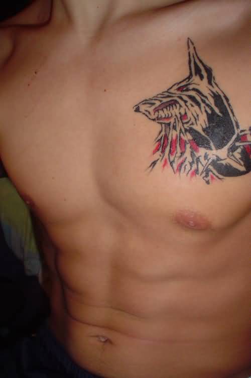Very Dangerous Doberman Head Tattoo On Right Side Of Chest