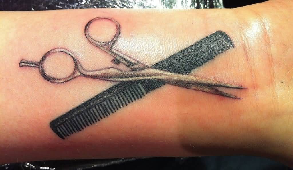 Very Nice Black Comb With Scissor Tattoo On Wrist