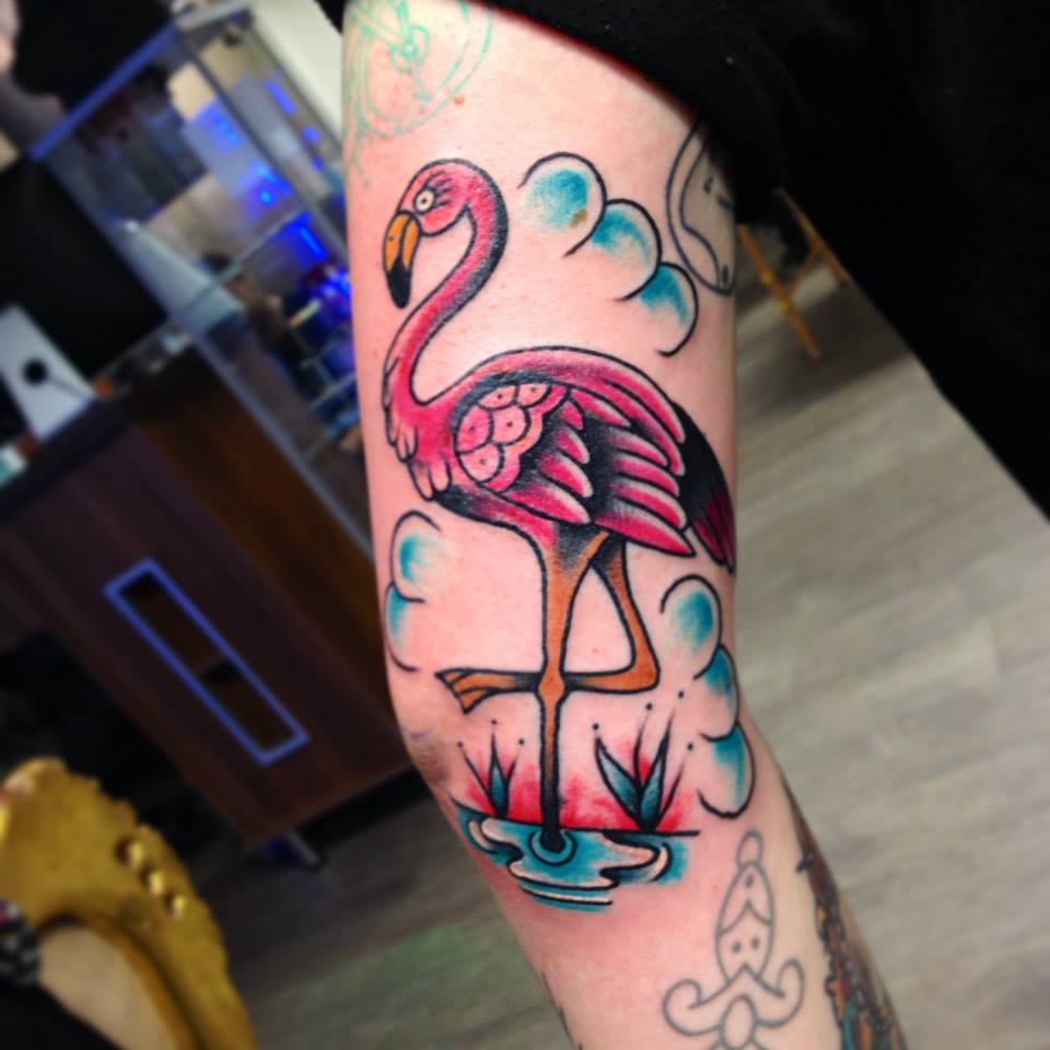 Very Nice Flamingo Traditional Tattoo On Half Sleeve