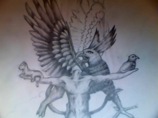 Very Nice Griffin With Men Holding Bird And Baby Tiger Tattoo Design