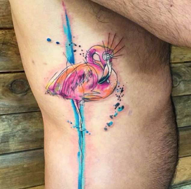 Watercolor Flamingo Tattoo On Side Rib