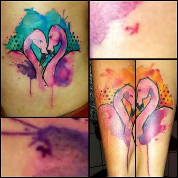 Watercolor Flamingos Making Heart Shape Tattoo