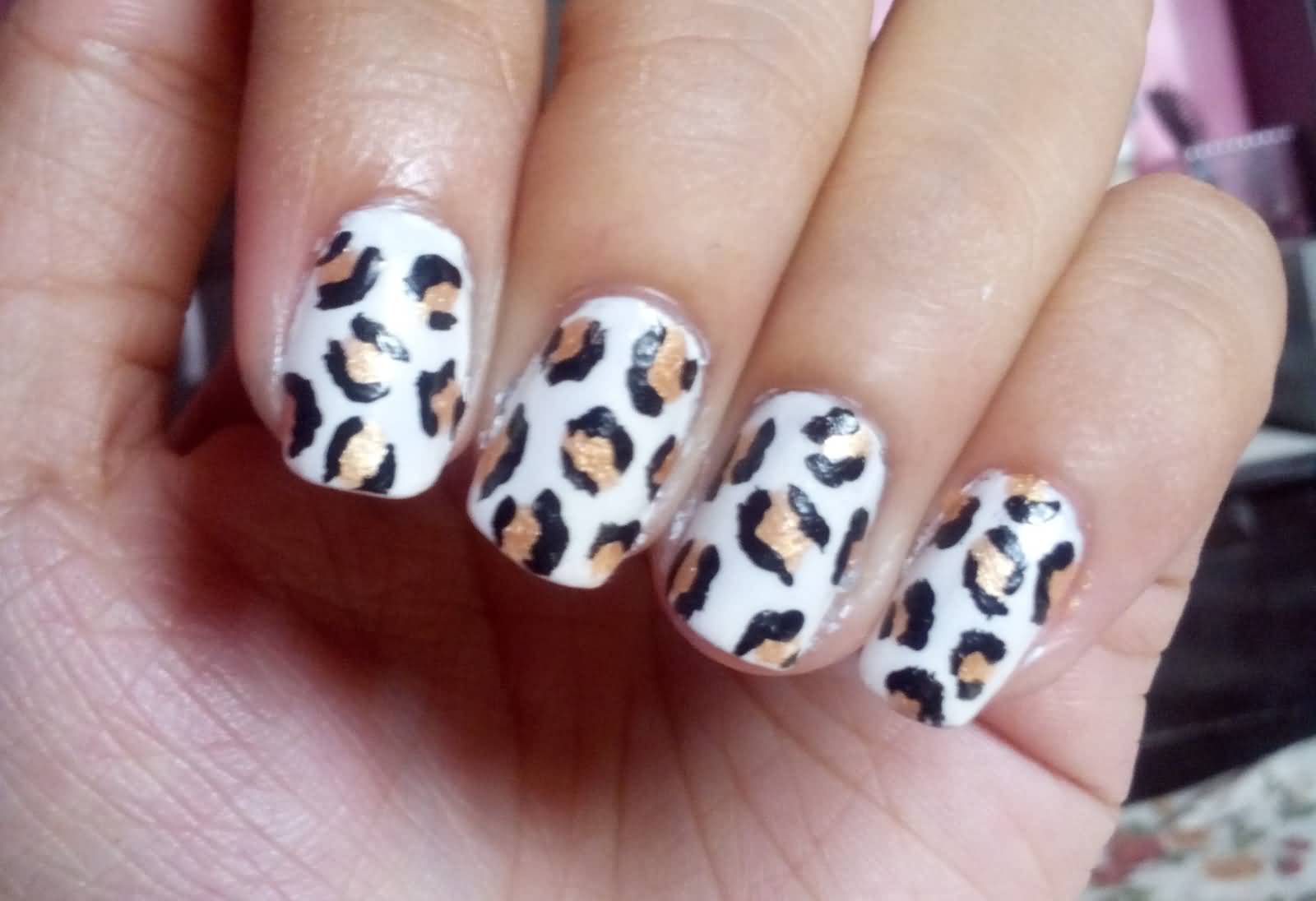 White And Gold Leopard Print Nail Art