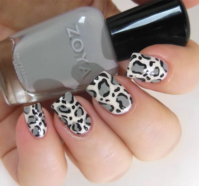 White And Grey Leopard Print Nail Art