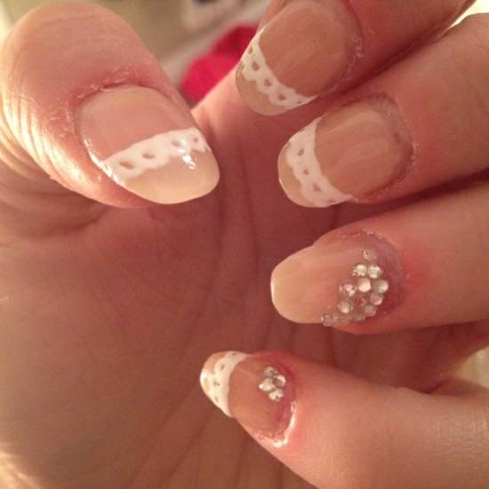 White French Tip Lace Nail Art With Rhinestones