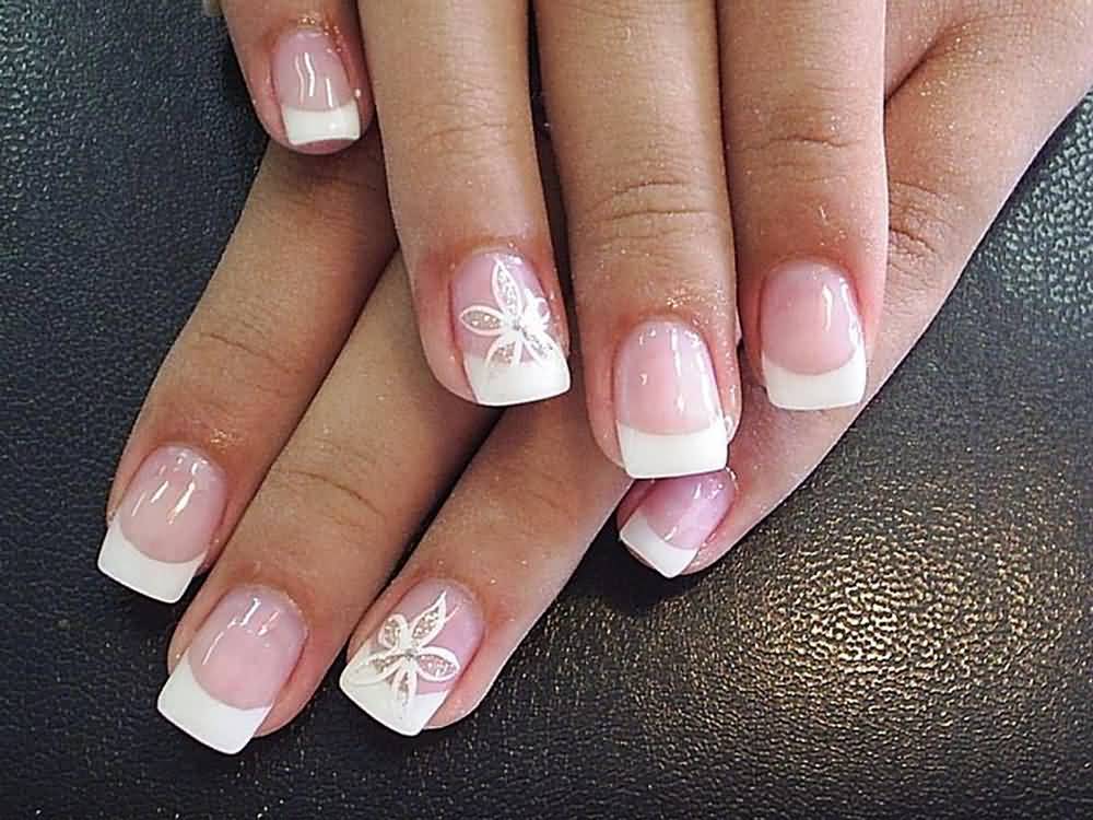 White French Tip Nails With Accent White Acrylic Flowers Nail Art