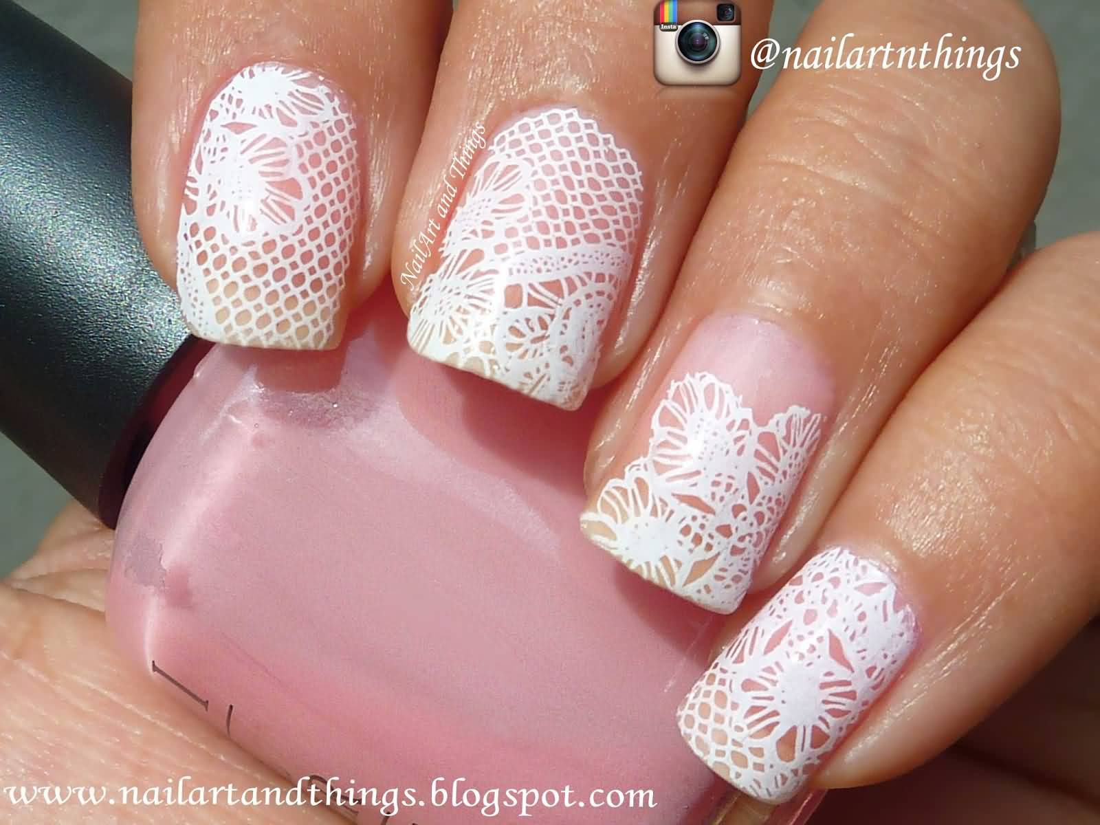 White Lace Flowers Design Nail Art For Girls