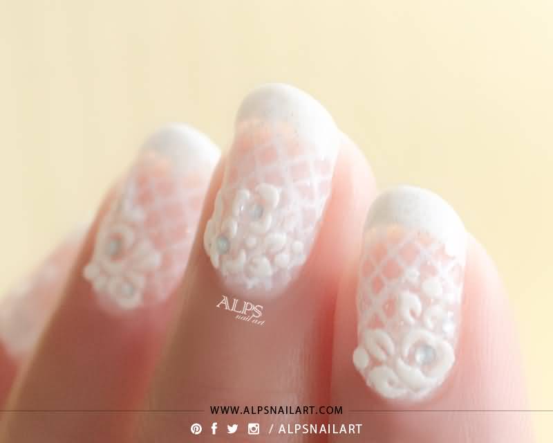 White Lace Nail Art With 3d Flowers Design