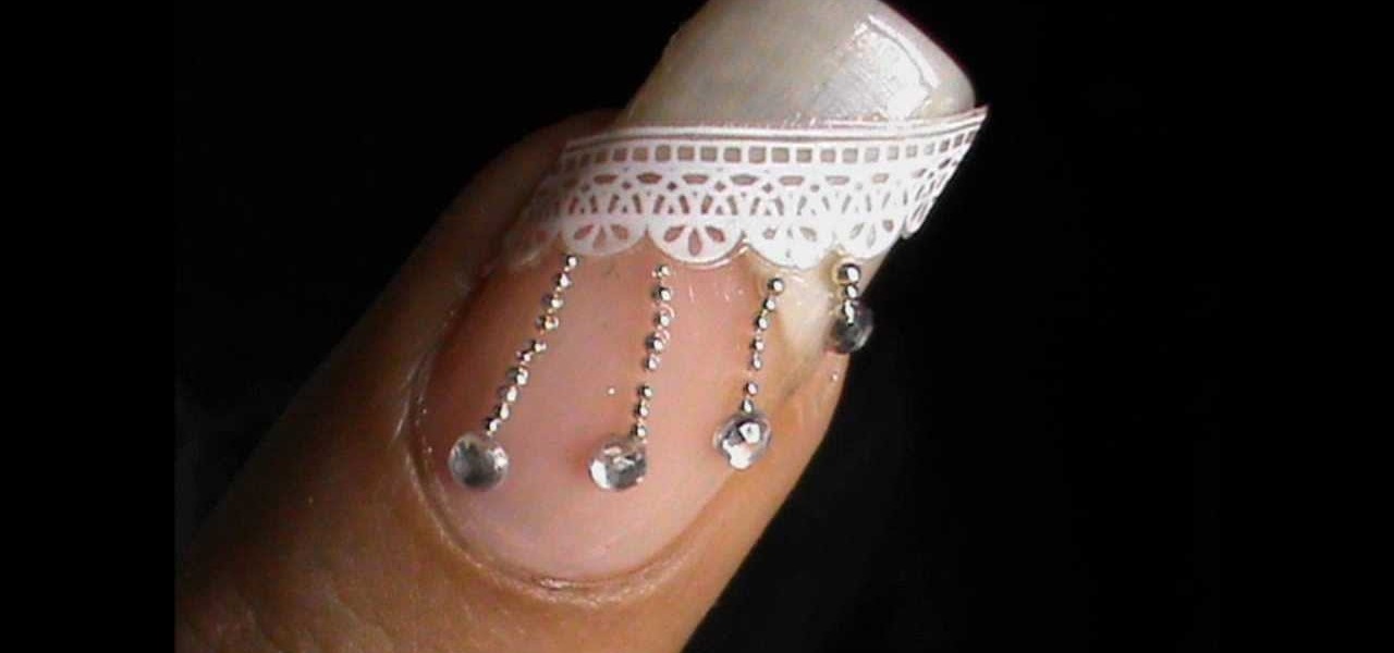 White Lace Nail Art With Rhinestones Design