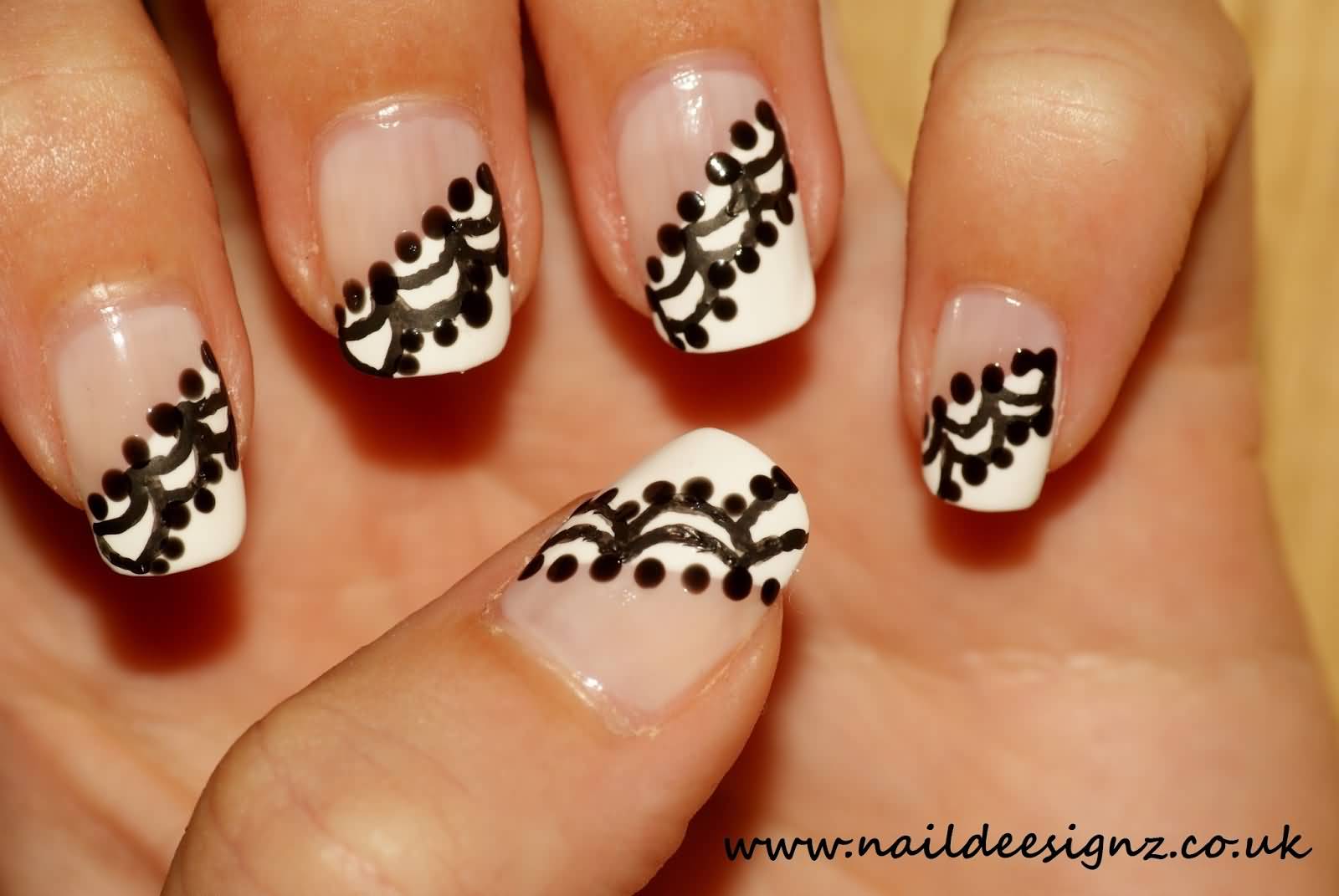 White Tip Nails With Black Lace Nail Design