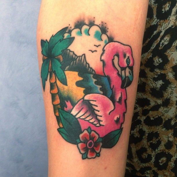 Wonderful Colorful Flamingo With Palm Tree And Flowers Tattoo On Forearm