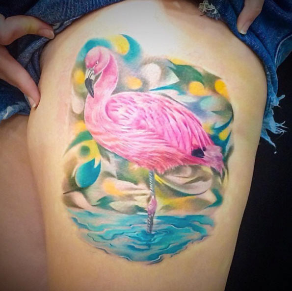 Wonderful Flamingo Tattoo On Thigh By Johan Avila