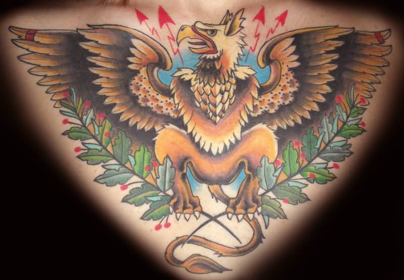 Wonderful Griffin With Leaves Tattoo