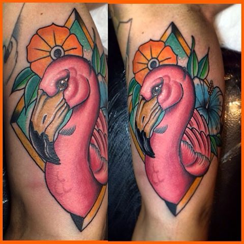 Wonderful Traditional Flamingo With Yellow Flower Tattoo On Half Sleeve