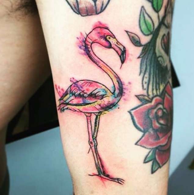Wonderful Watercolor Flamingo With Red Rose Tattoo On Half Sleeve