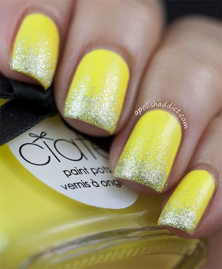 Yellow Nails With Glitter Acrylic Nail Art