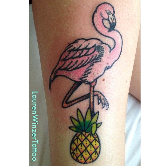 Yellow Pineapple And Flamingo Traditional Tattoo By Lauren Winzer