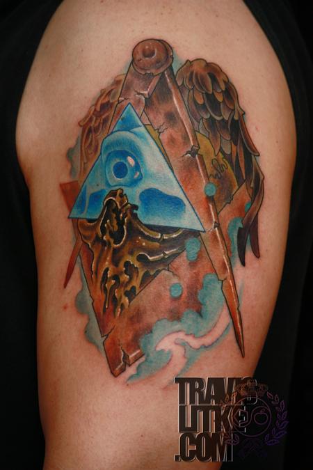 Angel Winged Masonic Eye Symbol Tattoo On Left Shoulder
