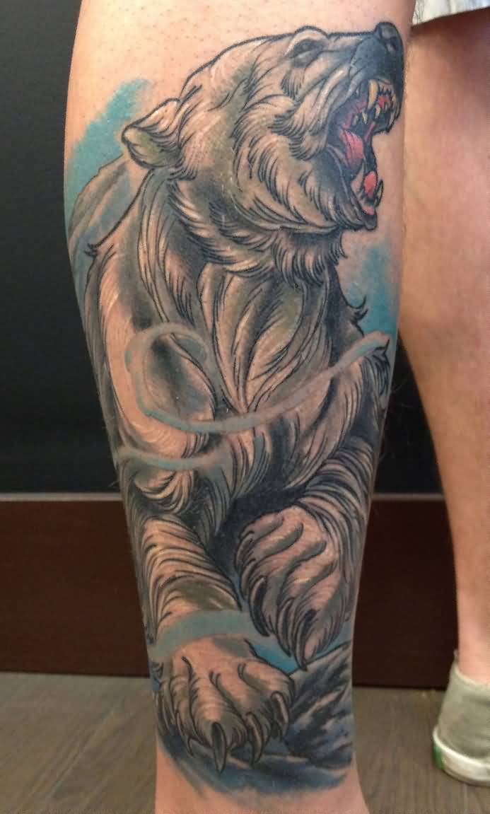 Angry Polar Bear Tattoo On Leg