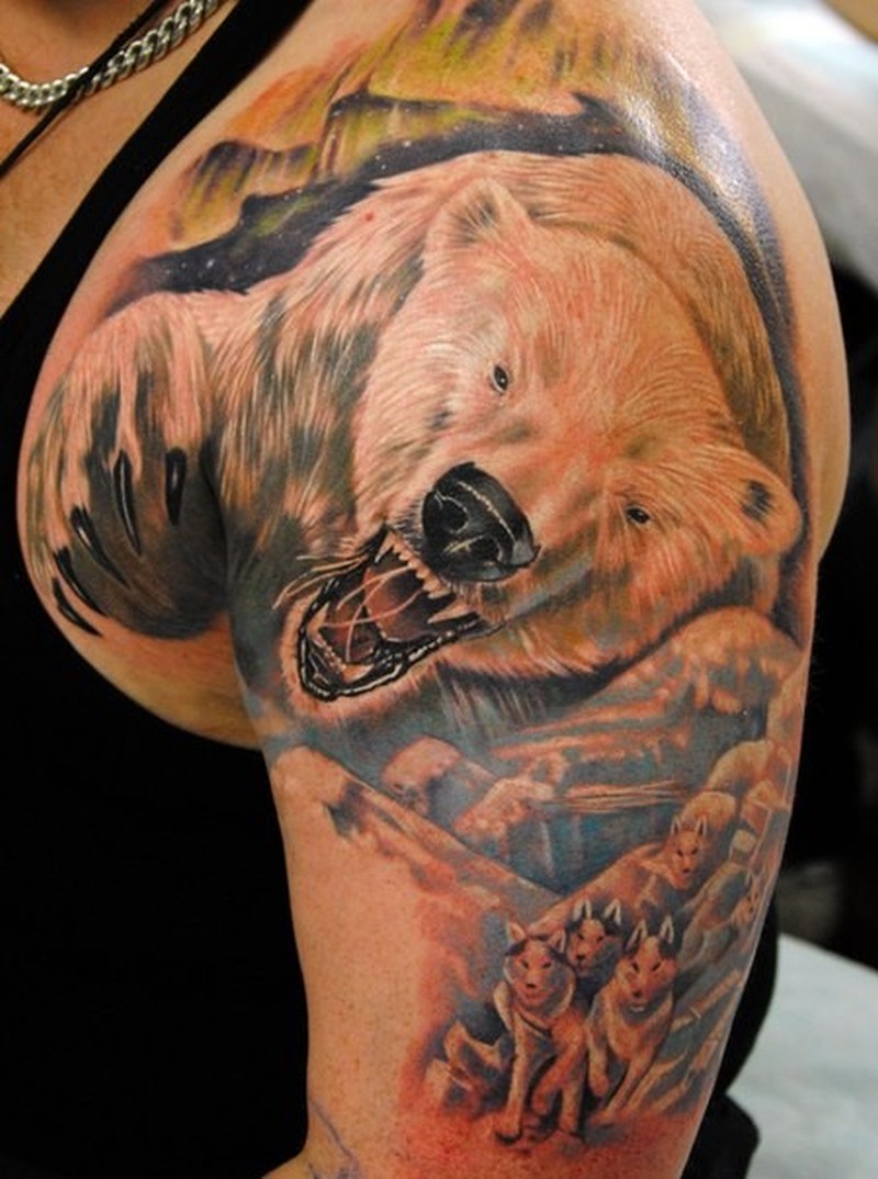 Awesome Angry Polar Bear Tattoo On Left Shoulder
