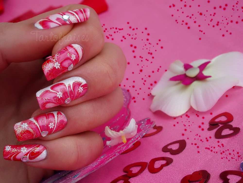 Beautiful Pink Flower Marble Nail Art With Rhinestones Design