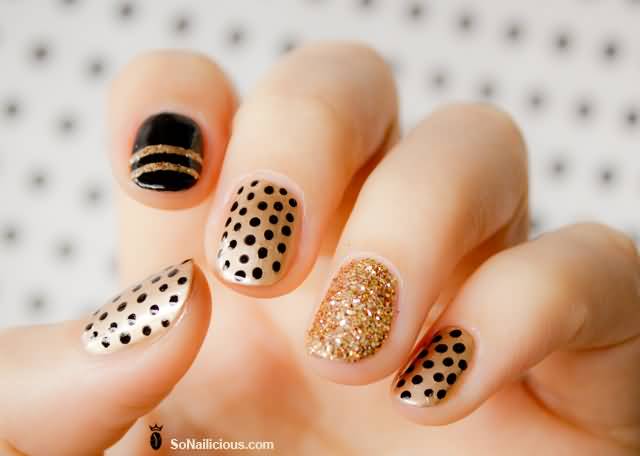 Black And Gold Polka Dots Nail Art